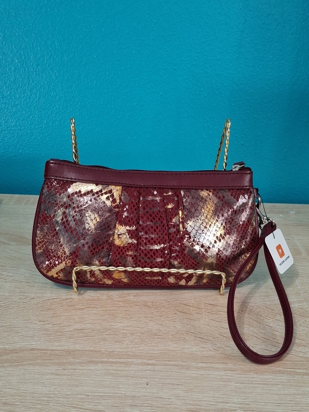 Wilson Leather Burgundy and Gold Snakeskin-Effect Wristlet Vintage Nwt